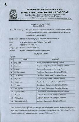 Surat Perintah Tugas melaksanakan a.n. Dra. Puji Astuti, dkk untuk melaksanakan monitoring Desa B...