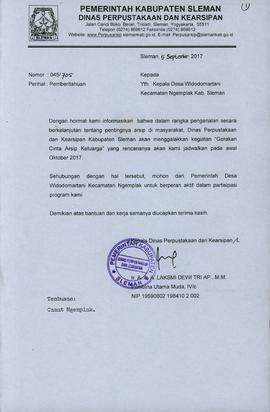 Pemberitahuan pelaksanaan sosialisasi Gerakan Cinta Arsip Keluarga di Desa Widodomartani Kecamata...