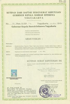 Surat Keputusan Gubernur Kepala Daerah Istimewa Yogyakarta No. 282/Pem. D./UP/B4. tentang Pengang...