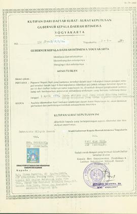 Surat Keputusan Gubernur Kepala Daerah Istimewa Yogyakarta No. 138/Pem. D./UP/K/B4. tentang Penga...